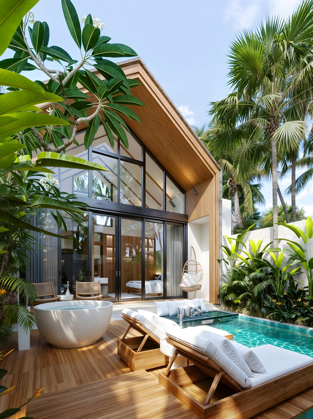 Modern tropical home showcasing the concept of build villa in Bali, featuring a wooden facade, floor-to-ceiling glass doors, private plunge pool, outdoor bathtub, and lush palm garden creating a luxury resort-style atmosphere.