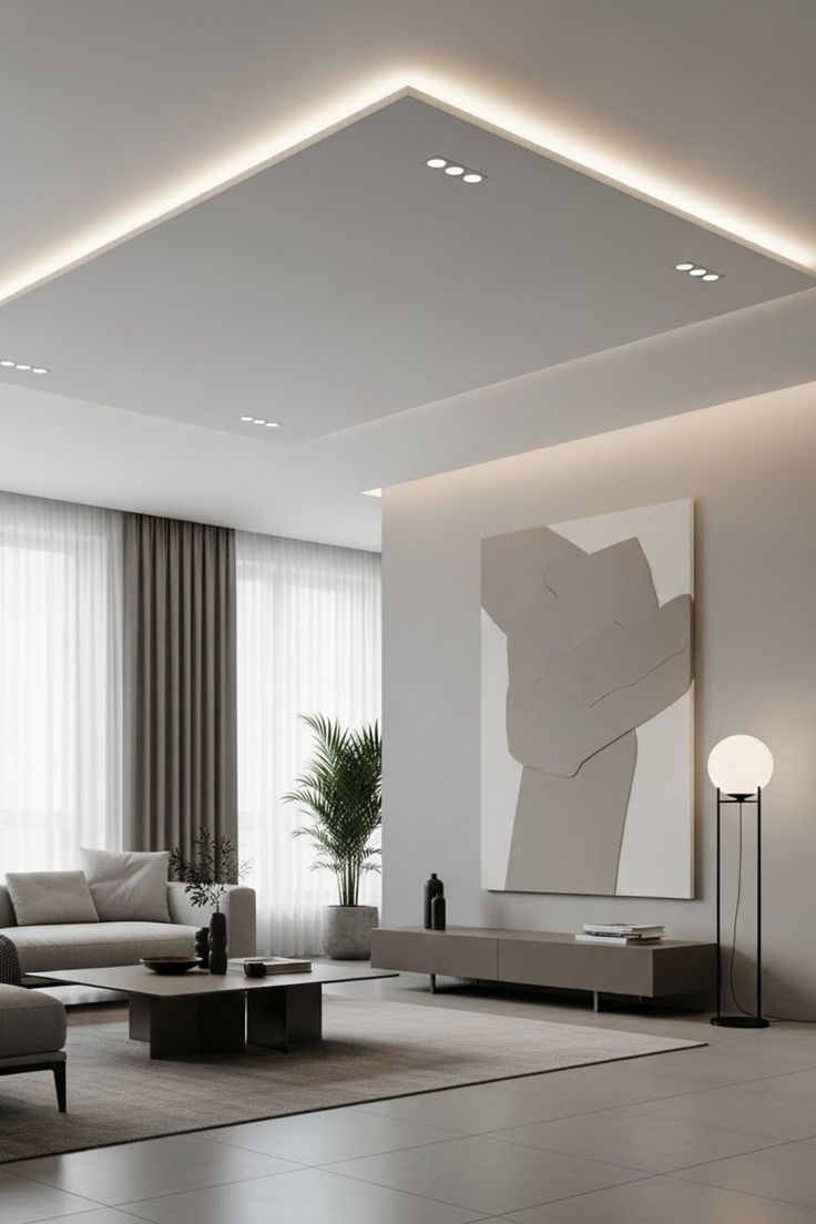 Modern living room featuring a minimalist drop ceiling with recessed downlights and soft indirect LED strip lighting, creating a clean floating ceiling effect above a neutral-toned interior.