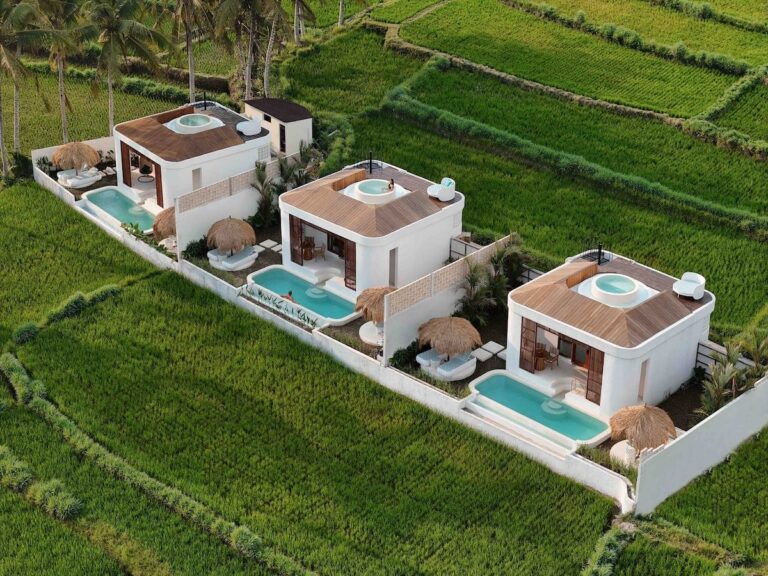 Aerial view of modern tropical villas surrounded by lush rice fields, highlighting a premium Bali property investment opportunity with private pools, rooftop terraces, and high rental potential in a serene landscape.
