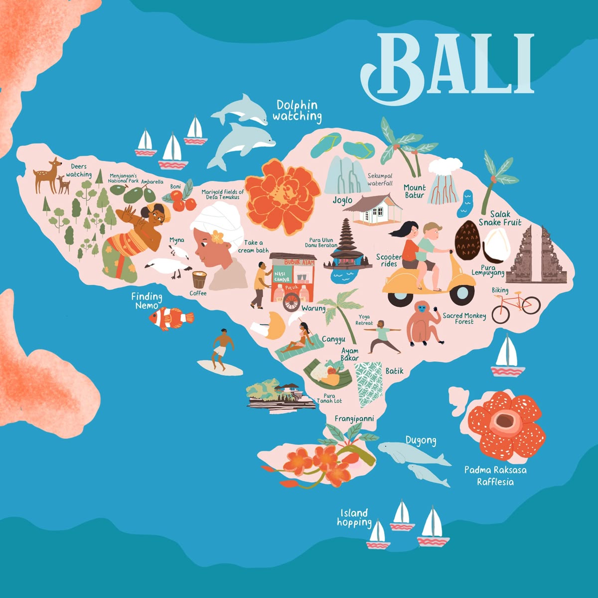 Illustrated map of Bali highlighting popular destinations, culture, beaches, and lifestyle attractions, representing the strong tourism appeal that supports Bali property investment opportunities.